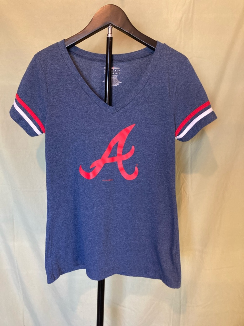 5th & Ocean Women’s Navy Blue V-Neck Soft Tee with Red Atlanta 'A' Logo, Sz-Sm